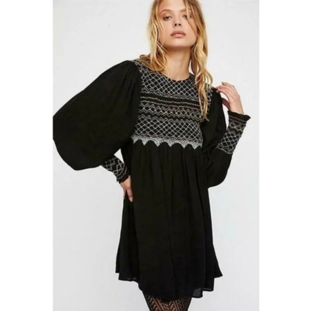 Free People Late Night Picnic Smocked Mini Dress‎ SMALL Bohemian Black